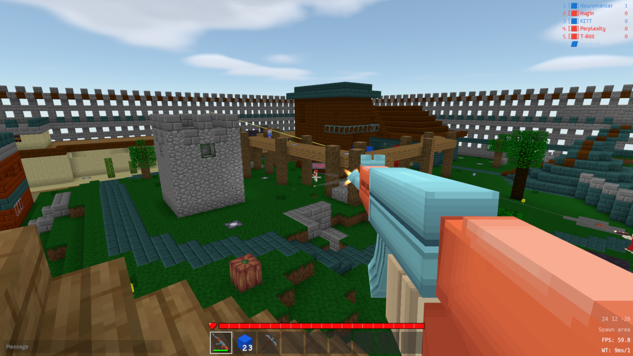 Voxmaxa Flashpoint: a first-person view of a walled block arena, firing a rifle at the red team
